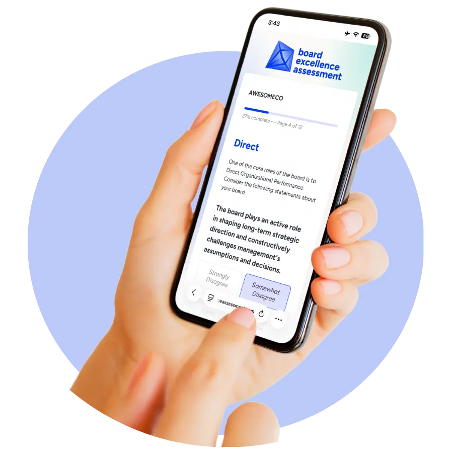 A hand holding a phone and using the Board Excellence Assessment